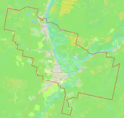 Mapa konturowa Syktywkaru, blisko centrum na dole znajduje się punkt z opisem „SCW”