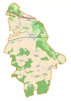 Mapa konturowa gminy Szczaniec, blisko lewej krawiędzi nieco u góry znajduje się punkt z opisem „źródło”, natomiast u góry znajduje się punkt z opisem „ujście”