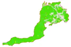 Mapa konturowa gminy Szczawa, na dole znajduje się czarny trójkącik z opisem „Czubaty Groń”