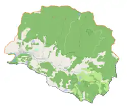 Mapa konturowa gminy Szczawnica, po lewej znajduje się punkt z opisem „Grota Zyblikiewicza”