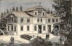 Litografia przedstawiająca Dom nad zdrojami Józefiny i Stefana (Przewodnik po Szczawnicy, 1869)