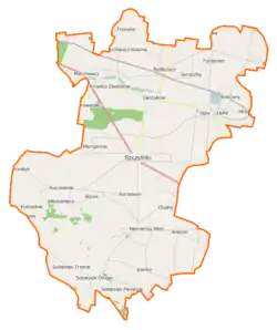 Mapa konturowa gminy Szczytniki, u góry po prawej znajduje się punkt z opisem „Tymieniec”