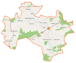 Mapa konturowa gminy Szelków, na dole nieco na prawo znajduje się punkt z opisem „Przeradowo”