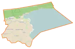 Mapa konturowa gminy Sztutowo, blisko lewej krawiędzi nieco u góry znajduje się punkt z opisem „Stutthof”