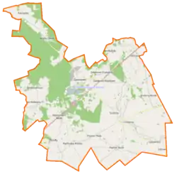 Mapa konturowa gminy Szumowo, blisko centrum na prawo znajduje się punkt z opisem „Kalinowo”