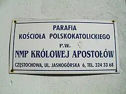 Szyld parafii polskokatolickiej w Częstochowie