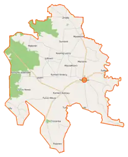 Mapa konturowa gminy Tłuchowo, po lewej znajduje się punkt z opisem „Turza Nowa”