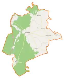 Mapa konturowa gminy Tarnówka, u góry po lewej znajduje się punkt z opisem „Ptusza”