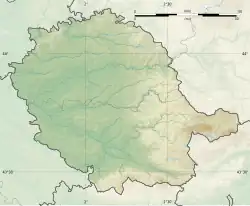 Mapa konturowa Tarn, na dole po prawej znajduje się punkt z opisem „źródło”, natomiast na dole nieco na prawo znajduje się punkt z opisem „ujście”