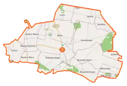 Mapa konturowa gminy Tczów, na dole po prawej znajduje się punkt z opisem „Wincentów”