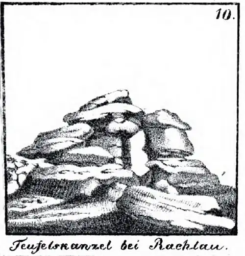 „Teufelskanzel von Rachlau“, Rysunek Karla Preuskera 1841.