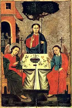 Trójca Starotestamentowa, Polesie Pińskie, poł. XVII w., obraz z cerkwi znajdujący się w Narodowym Muzeum Sztuki Republiki Białorusi w Mińsku