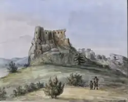 Ruina zamku w Bobolicach od północy, akwarela Teodora Chrząńskiego (ok. 1850)