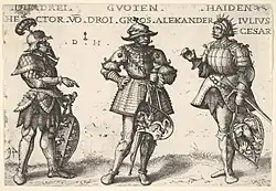 Pośrodku Aleksander Wielki z herbem wg. Hansa Burgkmaira z 1516 roku