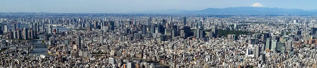 Panorama Tokio z wieży telewizyjnej Tokyo Skytree w dzielnicy Sumida, w głębi po prawej widoczna góra Fudżi (Fuji-san)