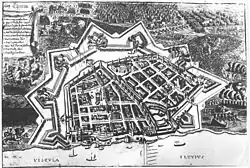 Plan Torunia podczas oblężenia w 1703 roku. W północno-wschodnim narożniku murów Starego Miasta (po lewej) widoczna basteja Koci Łeb.