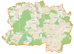 Mapa konturowa gminy Trąbki Wielkie, u góry nieco na lewo znajduje się punkt z opisem „Zaskoczyn”