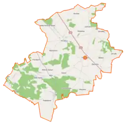Mapa konturowa gminy Trojanów, po lewej znajduje się punkt z opisem „Prandocin”
