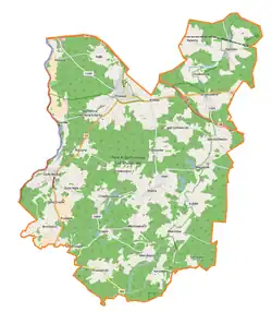 Mapa konturowa gminy Trzebiel, u góry po prawej znajduje się punkt z opisem „Strzeszowice”