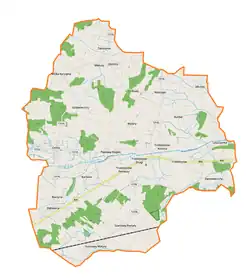 Mapa konturowa gminy Trzebieszów, po prawej nieco u góry znajduje się punkt z opisem „Jakusze”