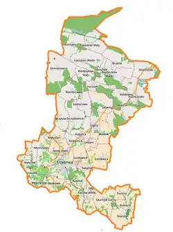 Mapa konturowa gminy Trzebnica, na dole znajduje się punkt z opisem „Kalwaria Trzebnicka”