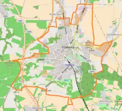 Mapa konturowa Trzebnicy, na dole po prawej znajduje się punkt z opisem „Kalwaria Trzebnicka”