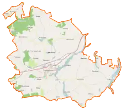 Mapa konturowa gminy Trzemeszno, blisko centrum na lewo u góry znajduje się punkt z opisem „Kruchowo”