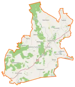Mapa konturowa gminy Tuchomie, po prawej nieco u góry znajduje się punkt z opisem „Tuchomko”