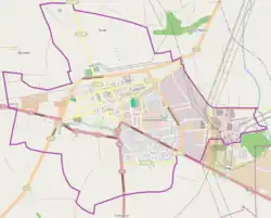 Mapa konturowa Turku, blisko centrum na lewo znajduje się punkt z opisem „Getto w Turku”