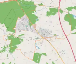Mapa konturowa Tuszyna, w centrum znajduje się punkt z opisem „Tuszynek Poduchowny”
