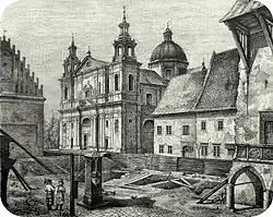Kościół św. Anny widziany z dziedzińca Collegium Maius w trakcie jego dziewiętnastowiecznej przebudowy