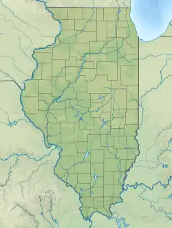 Mapa konturowa Illinois, u góry nieco na prawo znajduje się punkt z opisem „Mazon Creek”