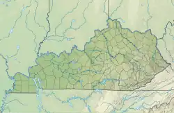 Mapa konturowa Kentucky, blisko centrum na prawo znajduje się punkt z opisem „miejsce bitwy”