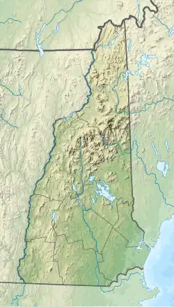 Mapa konturowa New Hampshire, blisko centrum po prawej na dole znajduje się owalna plamka nieco zaostrzona i wystająca na lewo w swoim dolnym rogu z opisem „Winnipesaukee”
