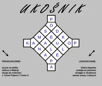 Rozwiązanie. Odgadnięte wyrazy prawoskośnie to KANAPA, MALE, SEUL i PODKOP. Lewoskośnie: POSMAK, DEAN, KULA i POLEPA. .