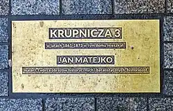 ul. Krupnicza 3Tablica upamiętniająca Jana Matejkę