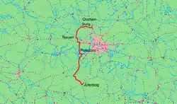 Mapa przebiegu linii kolejowej 6511 Jüterbog–Beelitz Stadt6115 Beelitz Stadt–Golm6068 Golm–Priort6105 Priort–Nauen