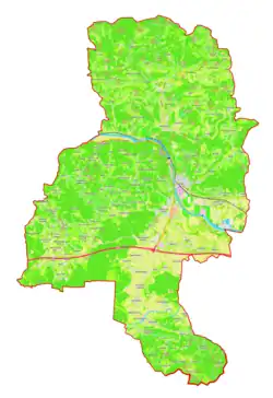 Mapa konturowa gminy Krško, blisko centrum na prawo znajduje się punkt z opisem „Krško”