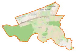 Mapa konturowa gminy Ustronie Morskie, na dole po prawej znajduje się punkt z opisem „Rusowo”