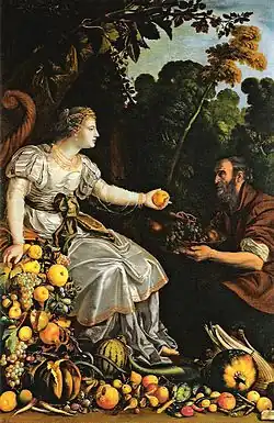 Barwny obraz olejny przedstawiający dwie postaci na tle roślinności, postać z lewej to ustawiona bokiem, zwrócona w prawą stronę młoda kobieta otoczona owocami i warzywami, trzymająca w lewej ręce owoc; postać z prawej to znajdujący się niżej od niej starzec z brodą trzymający w rękach garść ciemnych winogron i spoglądający na kobietę