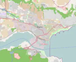 Mapa konturowa Warny, po prawej znajduje się punkt z opisem „Stadion Ticza”