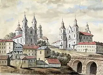 Od lewej cerkiew Zmartwychwstania Pańskiego, wieża ratuszowa, kościół św. Antoniego, Napoleon Orda