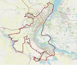 Mapa konturowa Wołgogradu, blisko centrum u góry znajduje się punkt z opisem „Wołgograd”