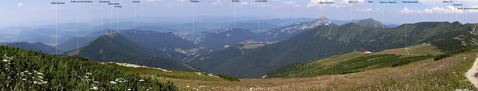 Widok ze zboczy Wielkiego Krywania na Vrátną dolinę i wznoszące się ponad nią szczyty