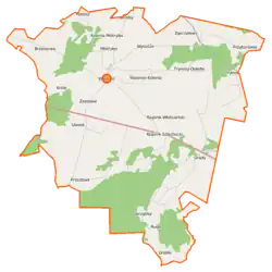 Mapa konturowa gminy Wąsewo, blisko górnej krawiędzi znajduje się punkt z opisem „Bartosy”