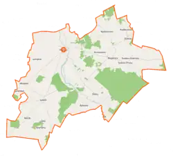 Mapa konturowa gminy Wąsosz, po prawej nieco u góry znajduje się punkt z opisem „Sulewo-Prusy”