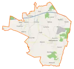 Mapa konturowa gminy Władysławów, po prawej znajduje się punkt z opisem „Russocice”