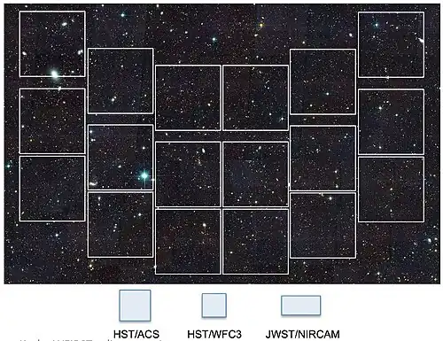 Porównanie pól widzenia kamer podczerwonych różnych teleskopów kosmicznych: Roman (u góry), Hubble’a (na dole po lewej i na środku) i Jamesa Webba (na dole po prawej)