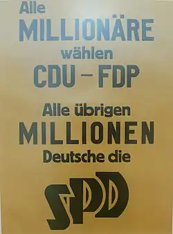 Plakat wyborczy SPD („Wszyscy milionerzy głosują na CDU–FDP. Wszystkie pozostałe miliony Niemców – na SPD”)