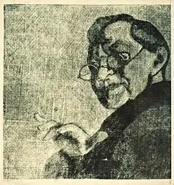 Monochromatyczna praca graficzna przedstawiająca kobietę w okularach, z lewej strony pracy widoczna jedna z rąk zawieszona w powietrzu z tajemniczym gestem